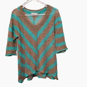 Blu Pepper 3/4 Sleeve Pull-Over Sweater, Open Knit Boho Inside Out Hi Lo Size L